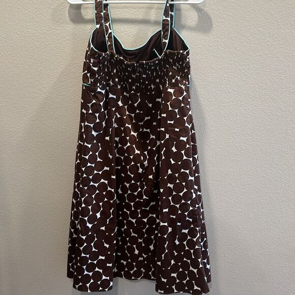 Madison Leigh Sz 10 Brown Polka Dot Teal Blue Accent Retro Midi Dress - Picture 5 of 6